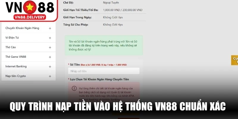 Quy trình nạp tiền vào hệ thống VN88 chuẩn xác từng bước cho anh em